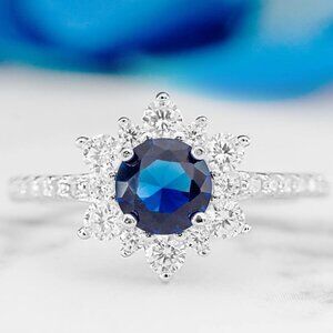 RARE Blue Sapphire Flower Ring, 925 Sterling Silver Charmed Aroma